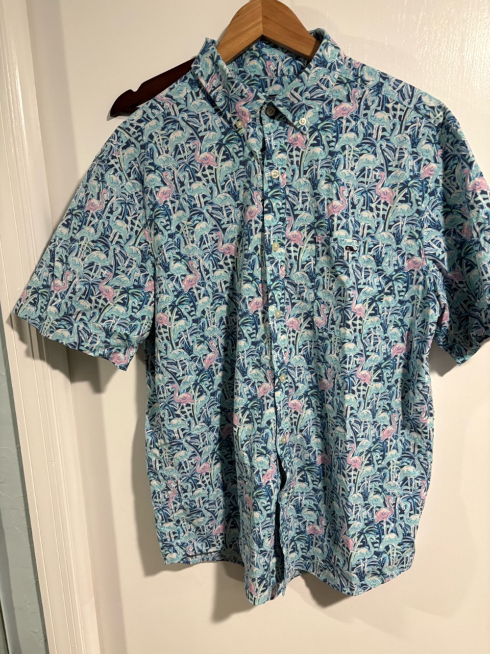 Vineyard Vines Classic Fit Tucker Shirt - Navy, Aqua & Pink Flamingo Print